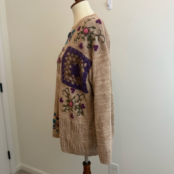 Vintage Ramie Cotton Floral Embroidered Chunky Knit Sweater Women’s L/XL Grandma - Picture 4 of 12